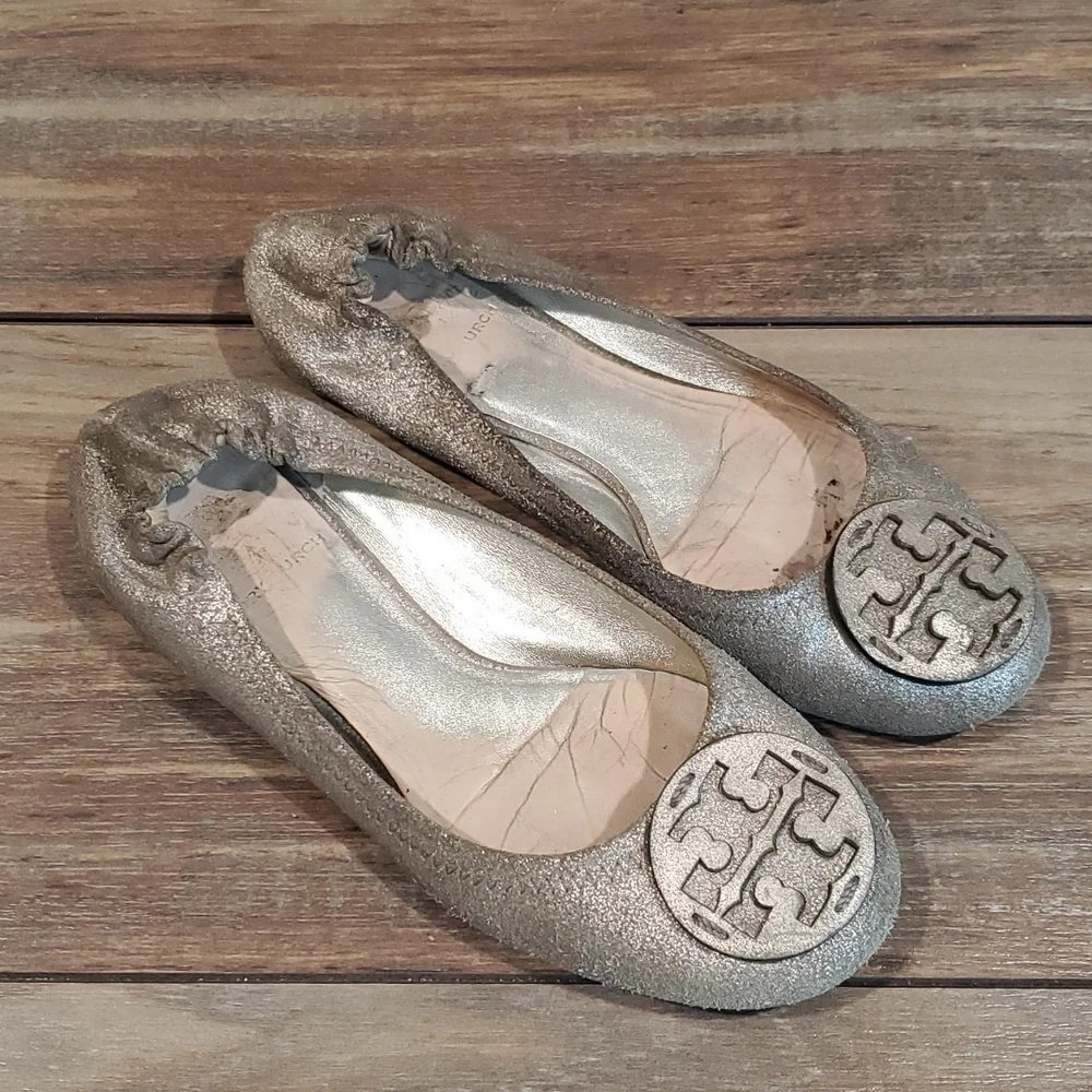 Tory Burch logo Reva Loafer ballet shoes sz 6M Metallic glitter leather